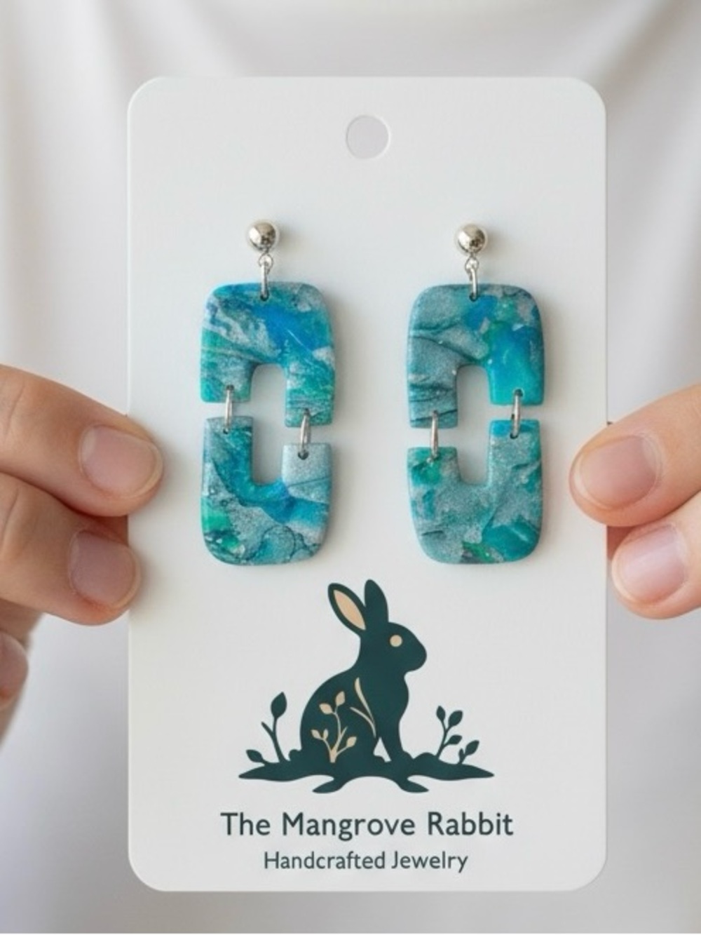 Blue Green & Silver Dangle Handmade. Polymer Clay Earrings Stainless Steel Posts
